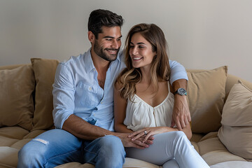 Obraz premium Couple sitting on a couch, smiling and looking at each other affectionately. Comfortable home setting with a warm atmosphere.
