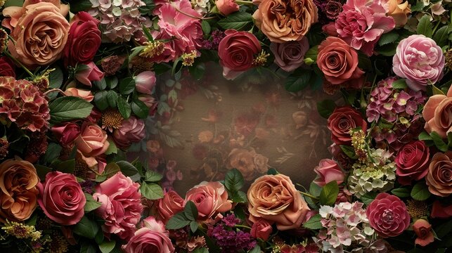 An ornate flower frame with blooming roses and hydrangeas around a blank center