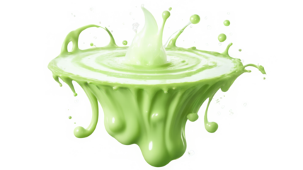 Green Milky falling matcha splash with bubble drops isolated on background, swirl of falling green liquid.