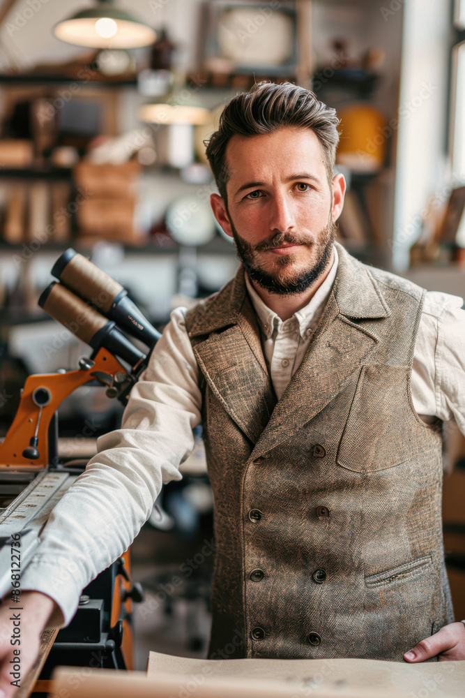 Wall mural Confident Tailor at Work in the Fashion Industry Making Eye Contact with Camera