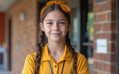 A close-up shot of a gender nonconforming teenager with brown hair in braids, wearing a yellow shirt and headband, smiling at the camera. They are standing outside a school building