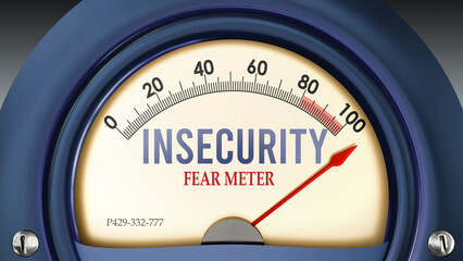 Insecurity and Fear Meter that is hitting a full scale, showing a very high level of insecurity, overload of it, too much of it. Maximum value, off the charts.  ,3d illustration