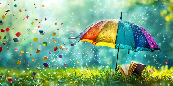 Rainbow Umbrella in Rainy Garden with Opened Book and Flying Paper Confetti