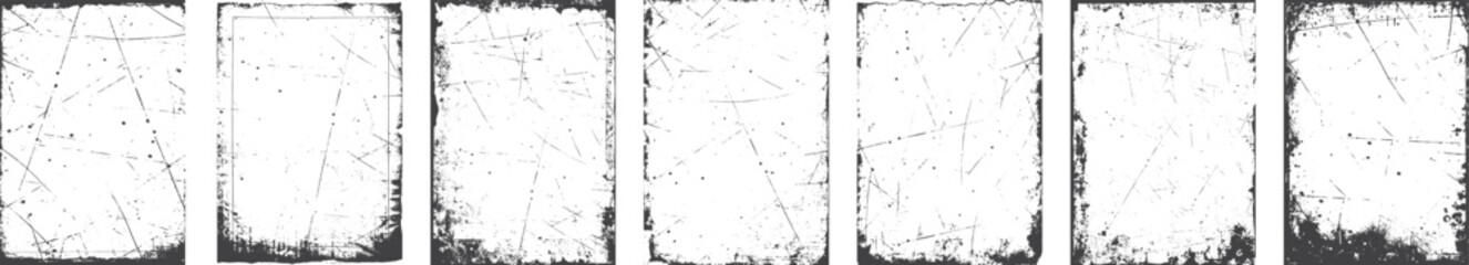 Black grunge texture border frame over white. Overlay of paper texture with scratches retro vinyl album cover. Dirt sketch and dust photo texture graphic filter set. 