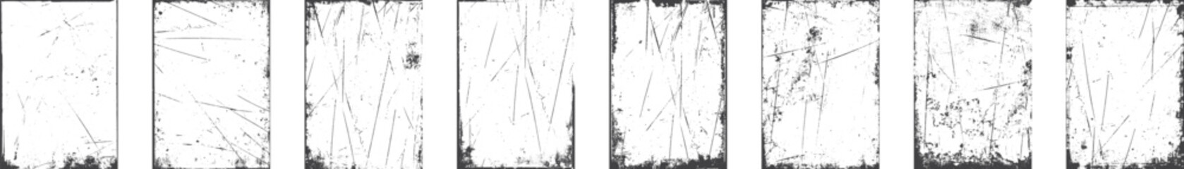 Black grunge texture border frame over white. Overlay of paper texture with scratches retro vinyl album cover. Dirt sketch and dust photo texture graphic filter set. 