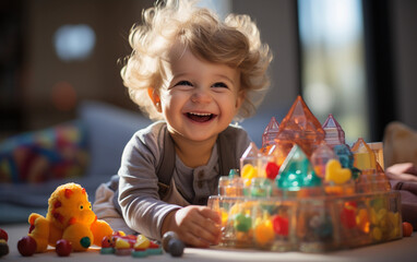 Fototapeta premium A young boy with curly blond hair laughs joyfully while playing with colorful toys inside a bright home