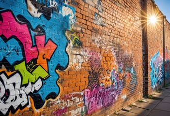 Fototapeta premium close-up view of a graffiti-covered brick wall, vibrant under bright sunlight