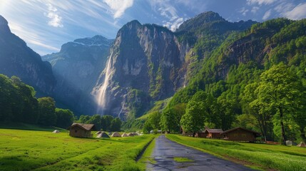 A stunning mountainous landscape with lush green meadows, a majestic waterfall, and a peaceful road flanked by cozy huts and scenic camping areas.