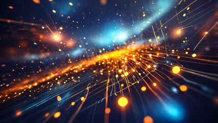 Naklejka premium abstract background, bright lines and dots against dark background, in motion and complexity