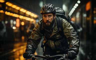 A man in a helmet and a raincoat rides his bicycle through a rain-soaked city street at night. The streetlights cast a warm glow on the wet pavement