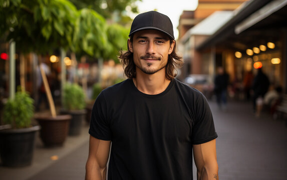 A man with long hair is standing in a city setting. He is wearing sunglasses, a black t-shirt, and a black baseball cap