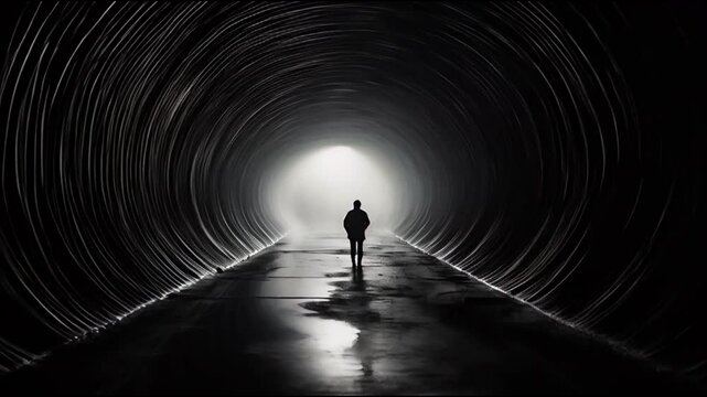 Black and White Image of a Person Alone in a Deep Dark Tunnel
