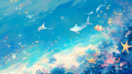 Fototapeta premium Discover a colorful underwater world teeming with varied marine species in a serene ocean setting