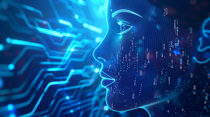 Artificial intelligence concept with digital human head profile and circuit board background. Digital technology, machine learning or deep nec rendering illustration of virtual face in blue colors.