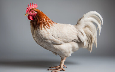 A white rooster with a red comb and wattle stands alone against a gray background