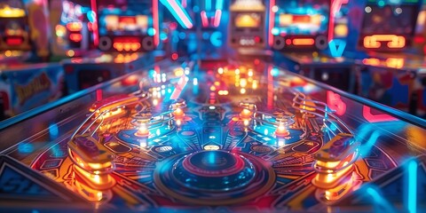 Retro Arcade Pinball Machine with Vibrant Neon Lights and Classic Design