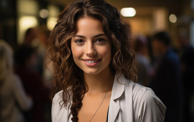 Obraz premium A young woman doctor stands in her clinic, smiling warmly at the camera. She is wearing a white coat and has long, curly brown hair. The background is blurred, suggesting a busy medical environment