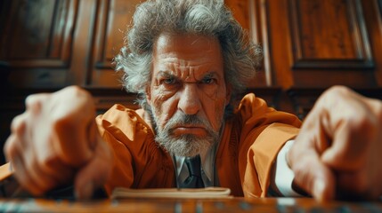 A detailed close-up portrait of a lawyer arguing passionately in court The lawyer's intense expression and assertive gestures highlight their expertise The courtroom setting is subtly visible with a