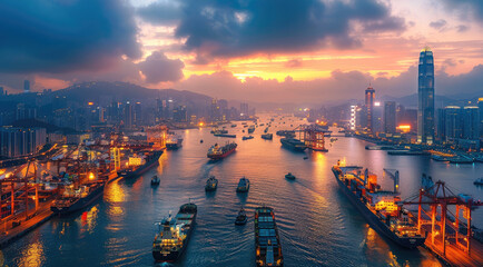 Fototapeta premium An expansive cargo terminal with ships and containers against the backdrop of a modern city skyline at dusk, symbolizing the integration of urban development and global logistics. Generative AI.