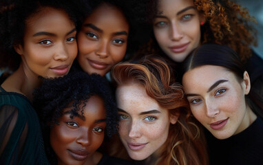 Obraz premium A close-up portrait of five women with diverse skin tones and hairstyles, all smiling