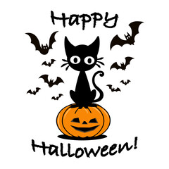 Halloween card with black cat sitting on carved pumpkin and bats, colorful vector illustration isolated on white background.