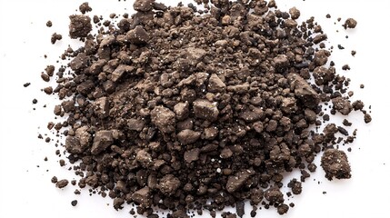 Ultra-high-definition top view of garden soil, with fine details and textures highlighted through focus stacking, isolated on a white background
