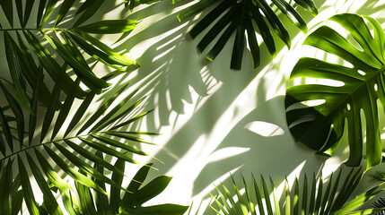 Lush Tropical Green Monstera Leaves with Shadows on a Wall