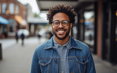 Fototapeta premium A man with a smile and a denim jacket stands outside in a city setting