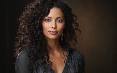 A portrait of a Black middle-aged woman with curly hair, looking directly at the camera. She has a warm smile and is wearing a black shirt