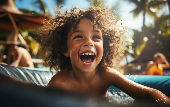 A black child with curly hair smiles and laughs while floating in a pool on a sunny day