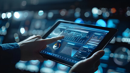 Businessman using tablet analyzing sales data and economic growth graph chart, Technology and icon customer global network connection. Business strategy. Innovative. Digital marketing