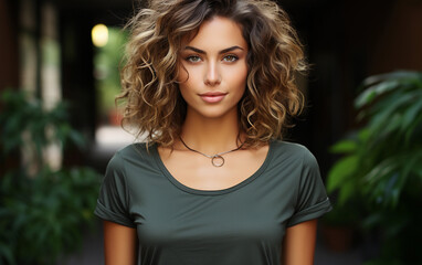Fototapeta premium A young woman with curly hair, wearing a green t-shirt, looks directly at the camera