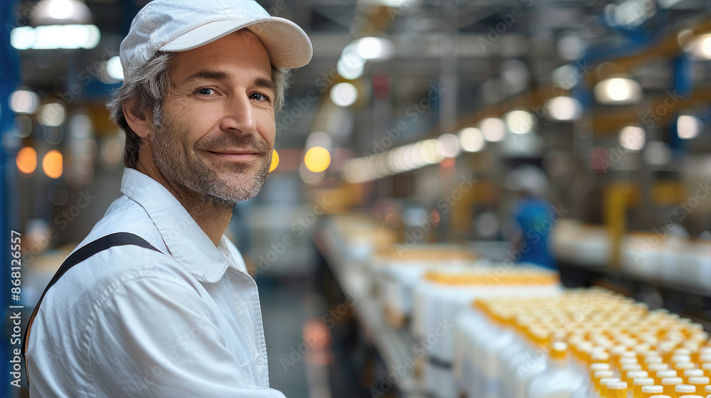 Aufkleber portrait of a production line supervisor overseeing the packaging process, professional environment.
