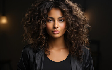 A young woman with curly black hair stands in a studio setting, looking directly at the camera
