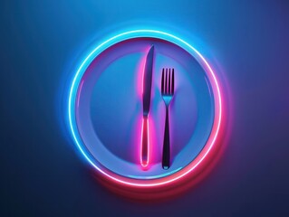 Futuristic food concept with glowing fork, knife and plate isolated on dark blue background.