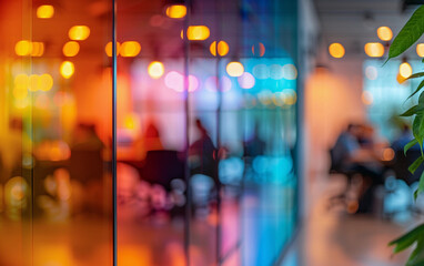 A blurred view of casual office workers in a modern workplace, with bright lighting and colorful walls