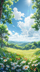A beautiful landscape with a field of flowers and trees in the background