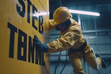 Illustrated safety measures for high voltage electricians displayed in signs and images