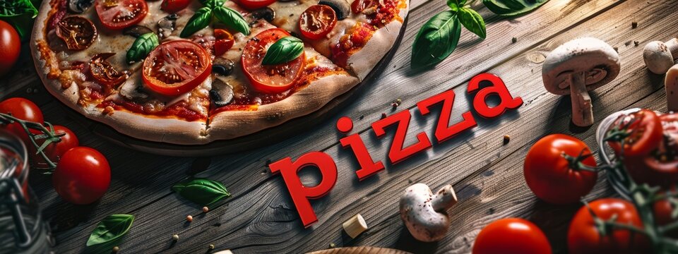Calligraphy lettering - Pizza with pizza ingredients on dark background. Template for restaurant, delivery, cafe
