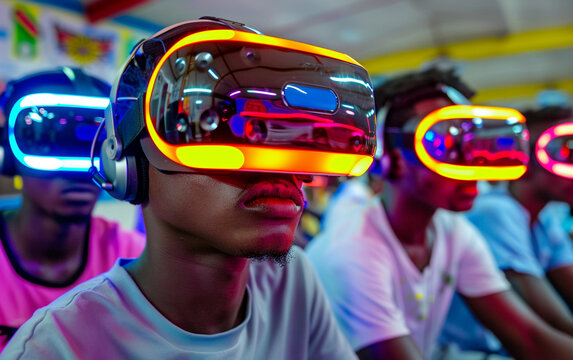 Close-up of three African American male friends wearing VR headsets, engrossed in a virtual reality game