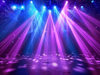 Neon Blue pink violet stage lighting illuminated, lens flare effect, shining star rays.AI generated