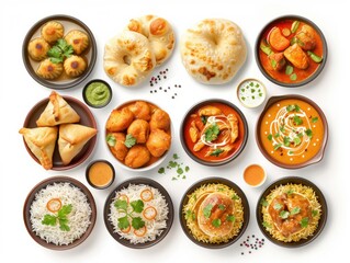 Top view collection of Indian foods isolated on a white background, including momos, butter chicken curry and rice, samosas, and pani puri