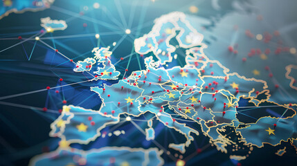 European telecommunication network connected over Europe, France, Germany, UK, Italy, concept about internet and global communication technology for finance