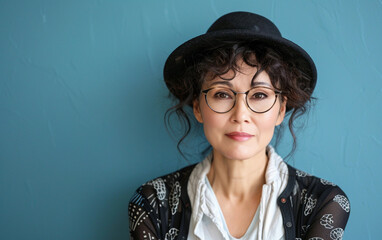A Trans woman of Central Asian descent poses against a blue wall, wearing round glasses and a black hat