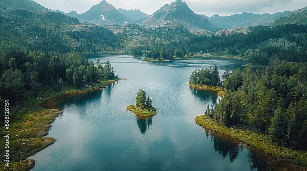 Poster aerial view of the beautiful of forests and lakes, and mountains in the background. a large field is