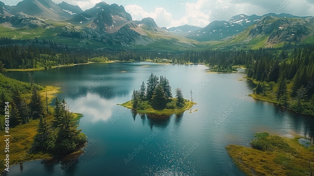 Poster aerial view of the beautiful of forests and lakes, and mountains in the background. a large field is