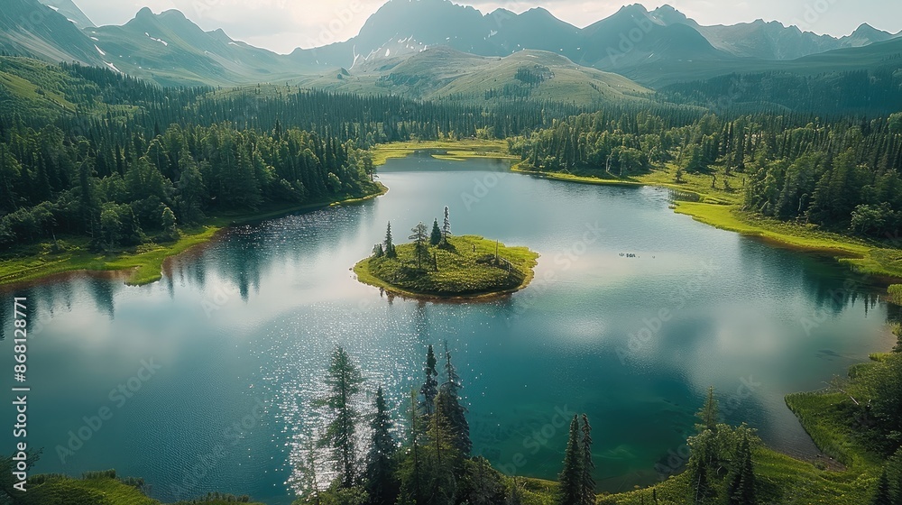 Poster aerial view of the beautiful of forests and lakes, and mountains in the background. a large field is