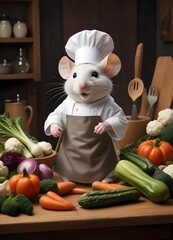A white mouse wearing a chef's hat and apron, standing on a wooden table surrounded by various vegetables and cooking utensils