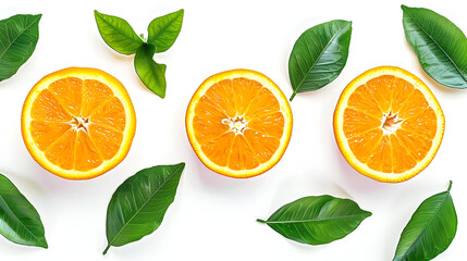 Three orange slices and green leaves arranged on a white background, showcasing freshness and citrus vibrancy.