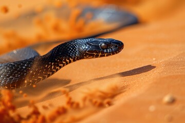 Fototapeta premium Black snake on sunlit desert sand surface.